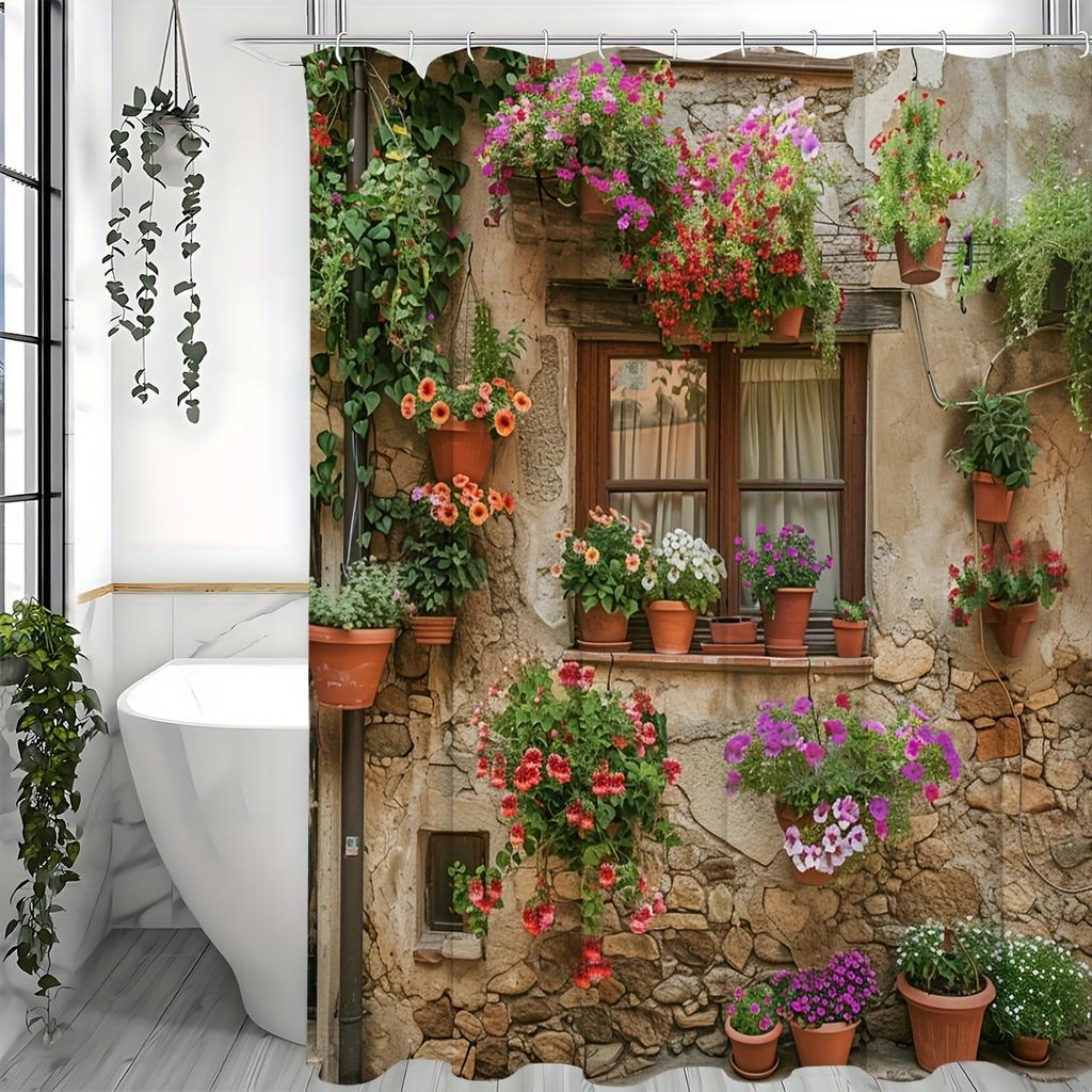 Shower Curtain: Rustic Stone Wall with Vibrant Hanging Flowers for a Charming and Colorful Bathroom Decor