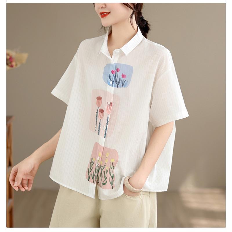 DIMANAF 2026 Women Plus Size New Summer Blouse Shirt Short Sleeve Casual Loose Print Lady Tops Shirts Cotton