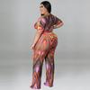 MY928 Plus Size Womens Off-Shoulder Ethnic Print Jumpsuit 2025 Lightweight Knit Romper With Moderate Stretch Straight Leg Pant