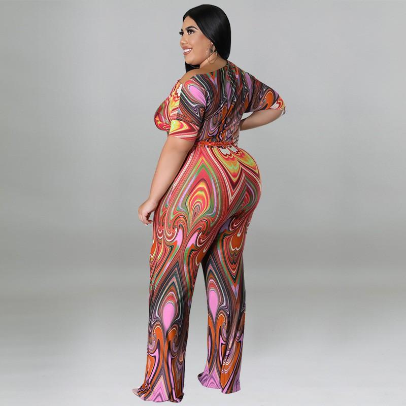 MY928 Plus Size Womens Off-Shoulder Ethnic Print Jumpsuit 2025 Lightweight Knit Romper With Moderate Stretch Straight Leg Pant