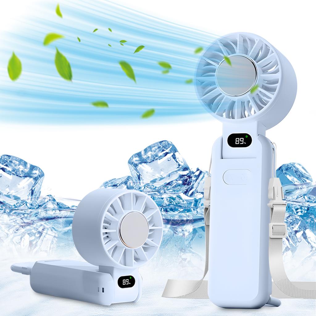 Portable Summer Handheld Small Fan Cooling Ice Pack Hanging Neck Fan Digital Display 5-speed Speed Regulation Turbo Fan