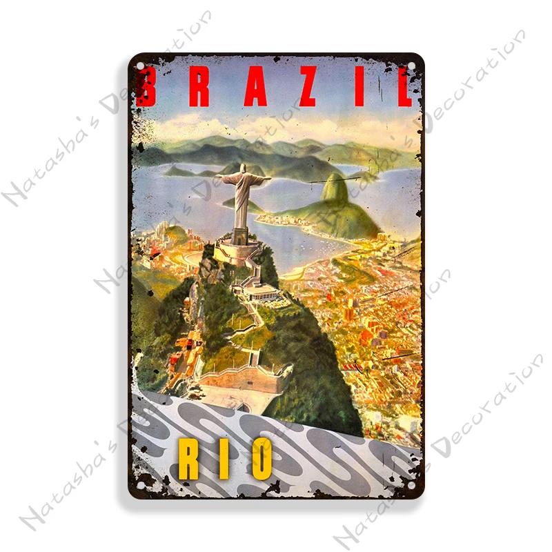 Brazil Vintage Poster Rio De Janeiro Metal Sign Landscape Decorative Sign Retro Metal Plaque Man Cave Pub Home Club Wall Decor