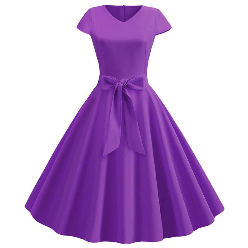 Damen Sommer Vintage Kleid Mit Gürtel Kurze Ärmel V-Ausschnitt Elegant Retro Schwingendes Partykleid