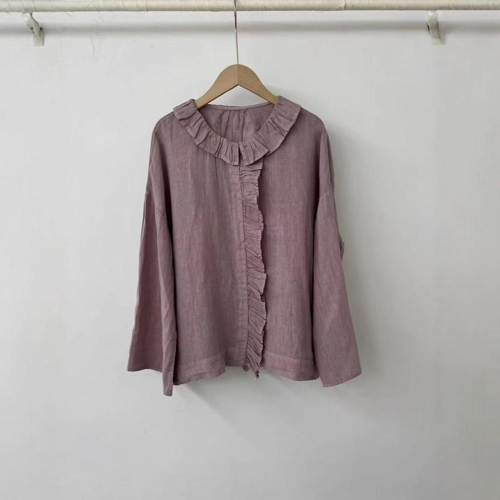 1116 Autumn New Women's Lotus Leaf Collar Top Cardigan ins Linen Long Sleeve Shirt Loose Shirt Niche
