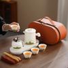 Retro Chinese style ceramic tea set Outdoor tea cup Camping travel express set Simple leather bag