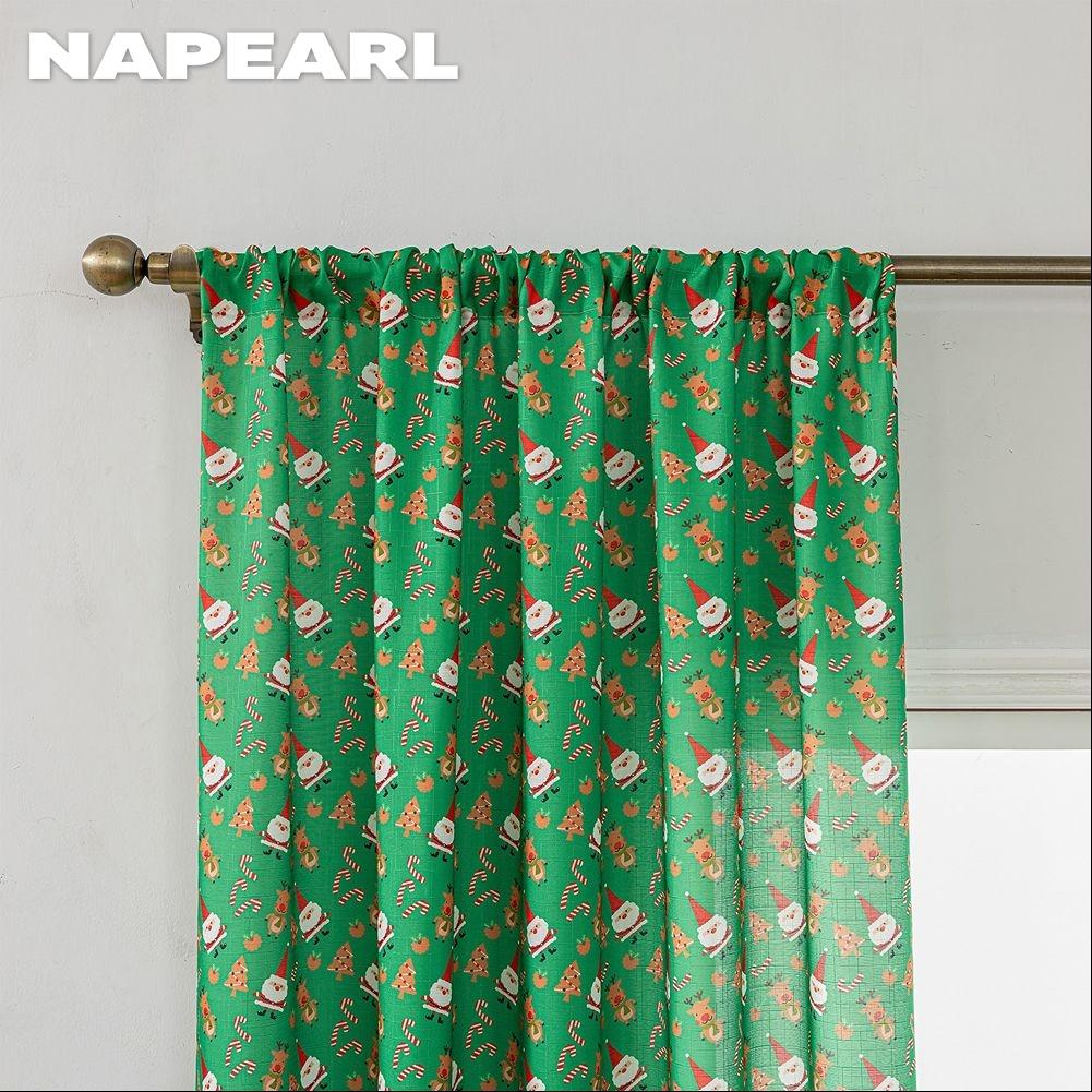 1PC NAPEARL Christmas Style Semi Blackout Curtains Santa Claus and Elk Pattern Green Curtains for Living Room Bedroom Balcony Window Home Decor