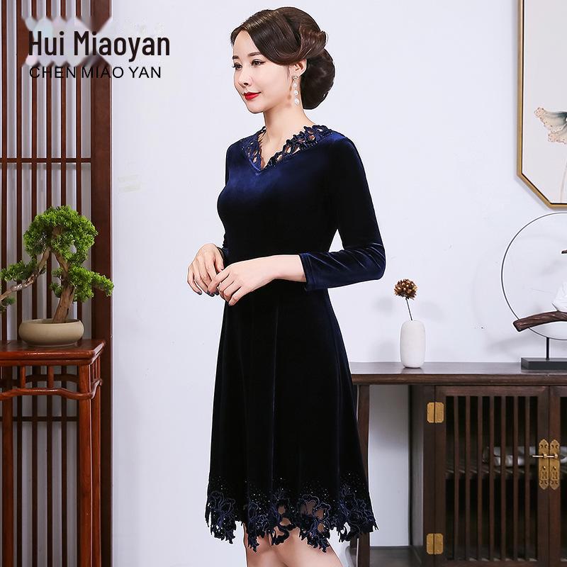 Plus Size European & American Celebrity Velvet Dress with Embroidery and Hollow Design
