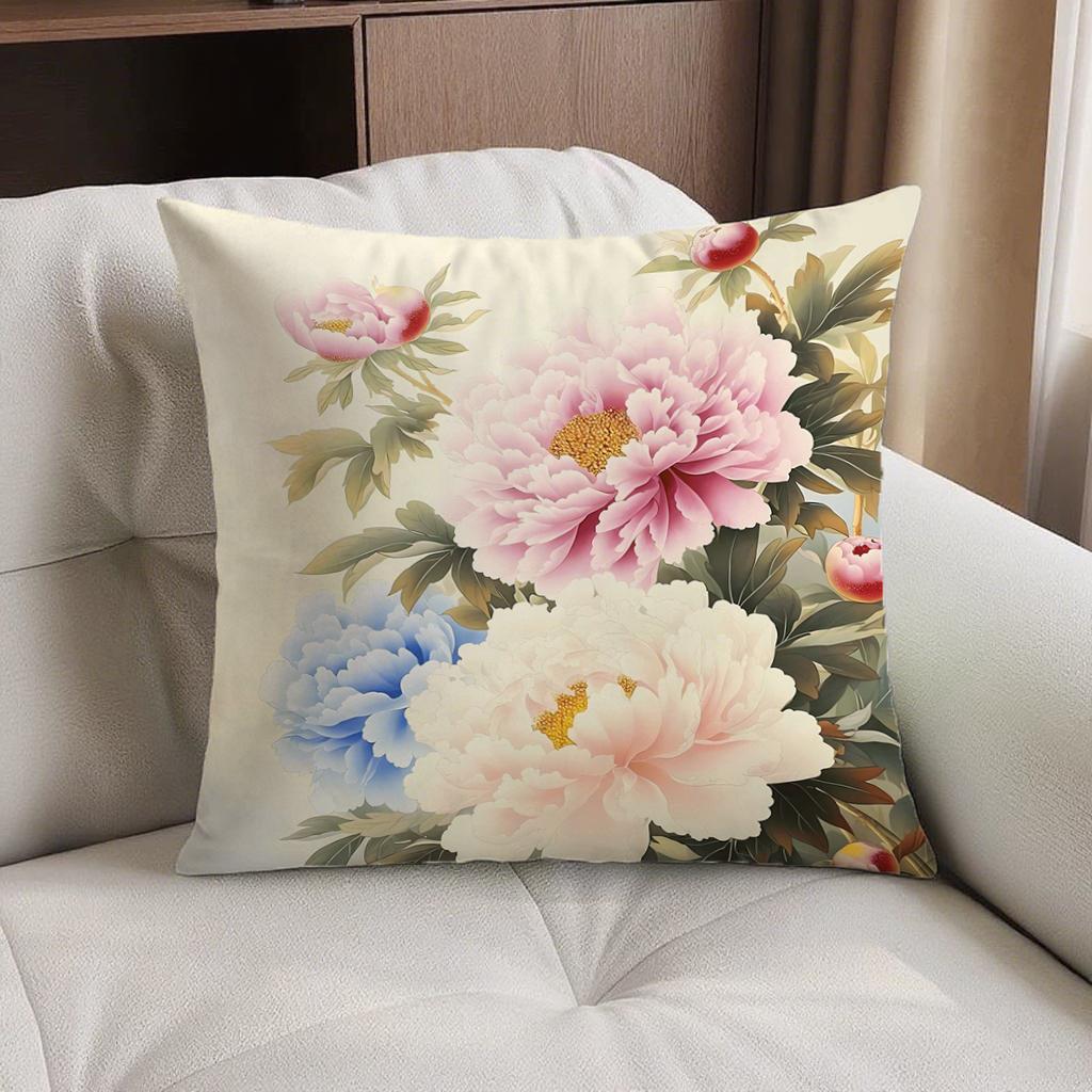 Double-Sided Detachable Cover Wealthy Peony Flower Pillow Living Room Sofa Car Bed Head Square Throw Pillow Case Chinese Style