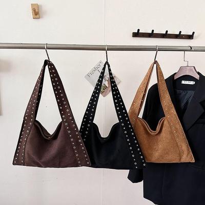 Retro Suede Rivet Shoulder Bags PU Leather Work Purses Large Tote Handbag Slouchy Locomotive for Women Travel Winter Fall