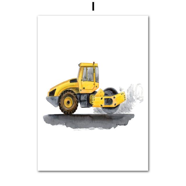 Jeřábový traktor, vysokozdvižný vozík, postřikovací bagr, závodní auto, malba na plátně, plakát a tiskárna, nástěnný panel, dekorace do dětského pokoje