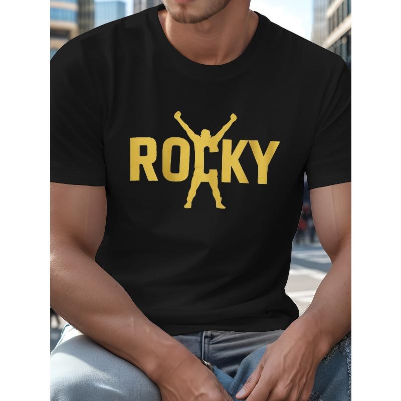European Size plus size Men's summer t-shirt, ROCKY with silhouette graphic print short sleeve tees trend casual tops for daily life, big & tall guys