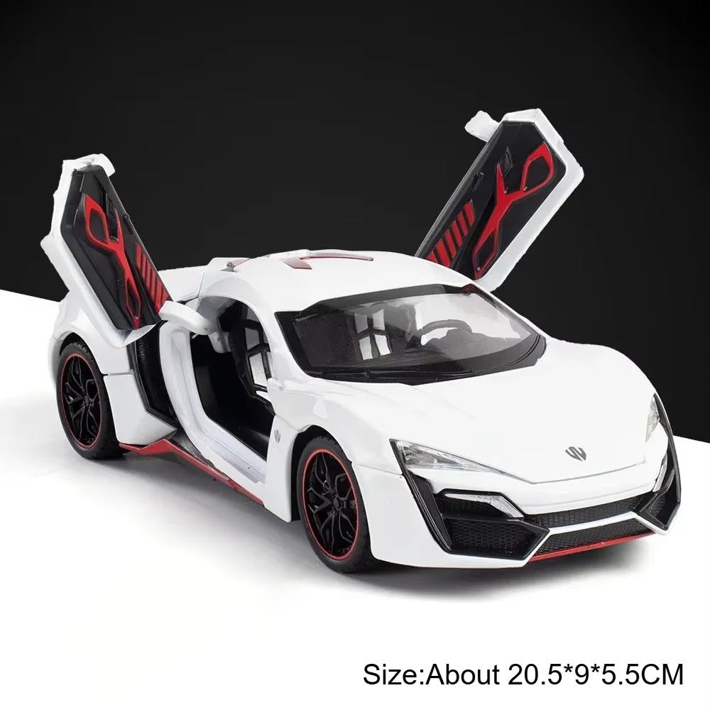 

1:24 Scale Lykan Cobra Car Model Toy Music Light Pull Back Doors Opened High Simulation Cars Models Hobby Gifts for Boys