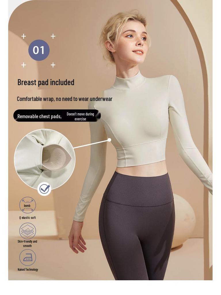 Schlankmachender Yoga-Anzug mit hohem Kragen und Brustpolster - Damen Langarm Fitness-Top für Laufen und Pilates (Herbst)