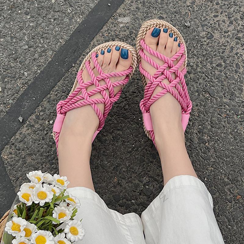Fashion 2025 Summer Women's Hemp Rope Woven Sandals Roman Rainbow Color Bohemian Straw Flat Sandal Casual Slip On Beach Shoes for Women