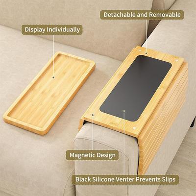 Couch Cup Holder Natural Anti-Slip Bamboo Sofa Armrest Tray Foldable Multifunctional Sofa Cup Holder For Cups Remote Control