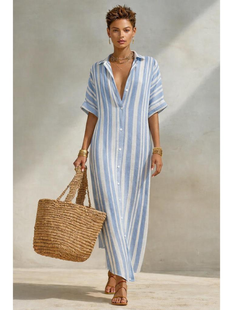 2026 European & American New Style Casual Striped Long Shirt Dress