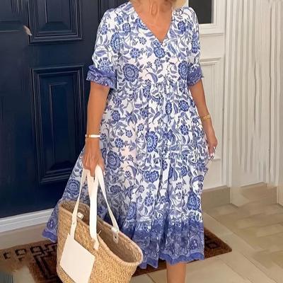 Übergröße V-Ausschnitt Blumen Maxi Kleid für Strandurlaub