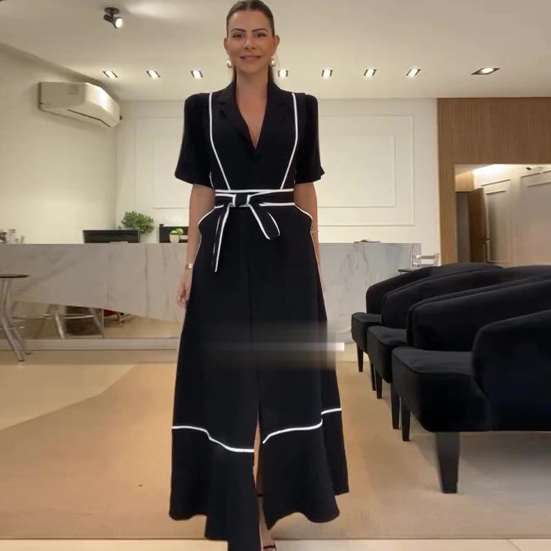 2024 Sommer Damen Colorblock Revers Krawatte Taille Kleid