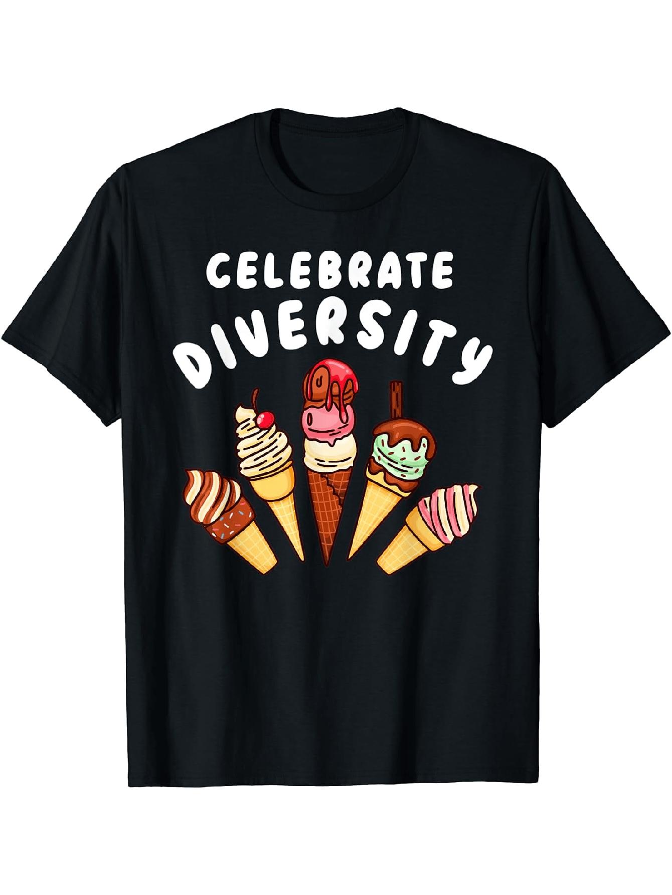 Mens funny celebration of diversity of ice cream patternscasual cotton shortsleeved Tshirt with colorful cartoon cone cup S