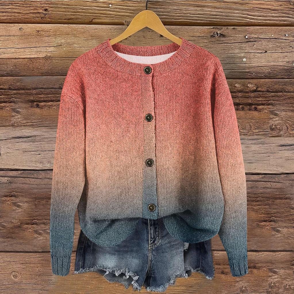 Women's Vintage Knit Button Gradient Print Cardigan Jacket