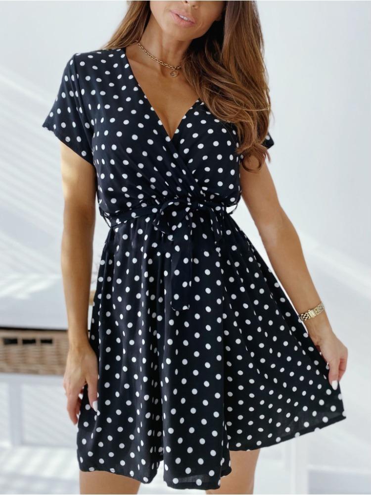 Sexy Deep V Retro Polka Dot Short Sleeve Dress Tie Waist A Line Short Dress Comfortable Lightweight Slimming Flattering Fit