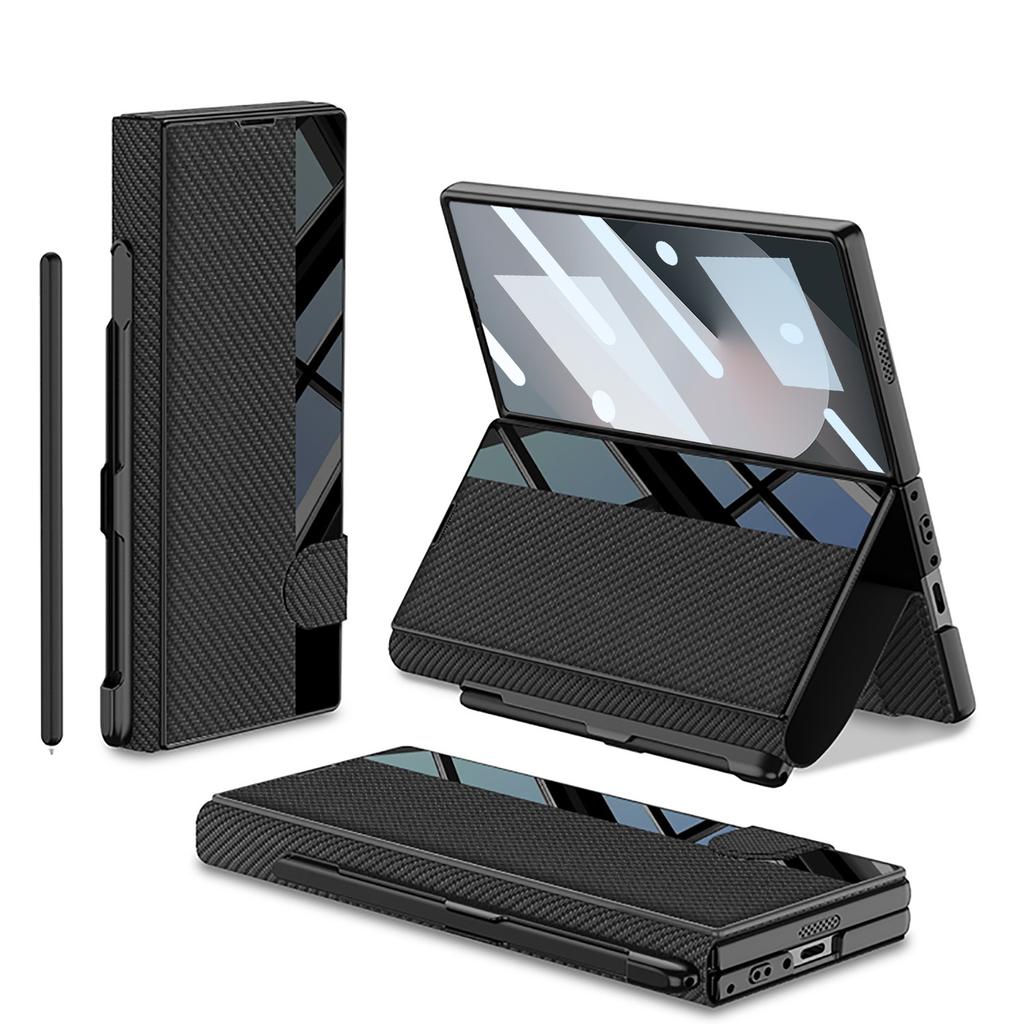 Samsung Z Fold6 Mobile Phone Chitin Leather Bracket Folding Screen Anti Fall Flip Cover Leather Case Film Integrated Pen Slot