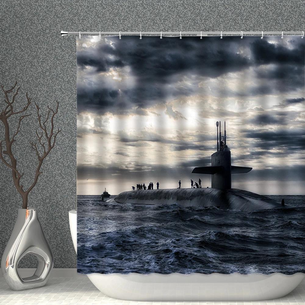

Ship Ocean Shower Curtain Set Seascape High Quality Waterproof Fabric Sky Seawater Bathroom Curtains Bath Screen Decor With Hook W90XH180cm