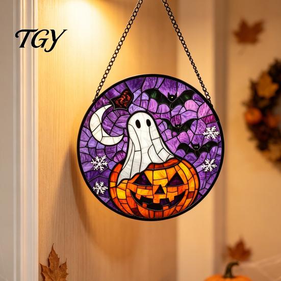 Waterproof Outdoor Branch Decoration Retro Halloween Pendant, Ghost/Bat/Spider Web/Pumpkin Head Print, Dark Theme Holiday Decor Vintage Acrylic