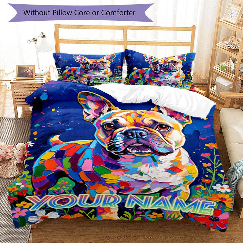 3PC Custom Name Colorful French Bulldog Art Bedding Set Duvet Cover Closure Includes 1 Duvet Cover & 2 Pillowcases for Bedroom