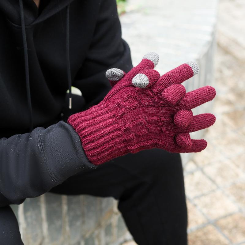 Men's Winter Split Finger Touch Screen Gloves Double Twisted Flower and Plush Thick Gloves Knitted Gloves Warm Outdoor Sports Cycling Gloves