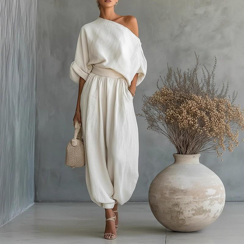 Women's Fashionable Suit Casual Daily Solid Color Loose Strapless Two-piece Set