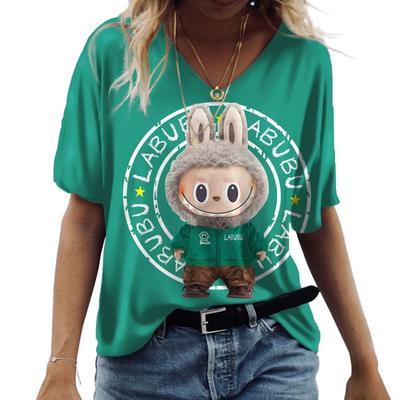 Camiseta de Algodão de Manga Curta Labubu, Verão 2025, Manga Média, Estilo Ins, Streetwear Versátil, Casual Feminina de Manga Curta