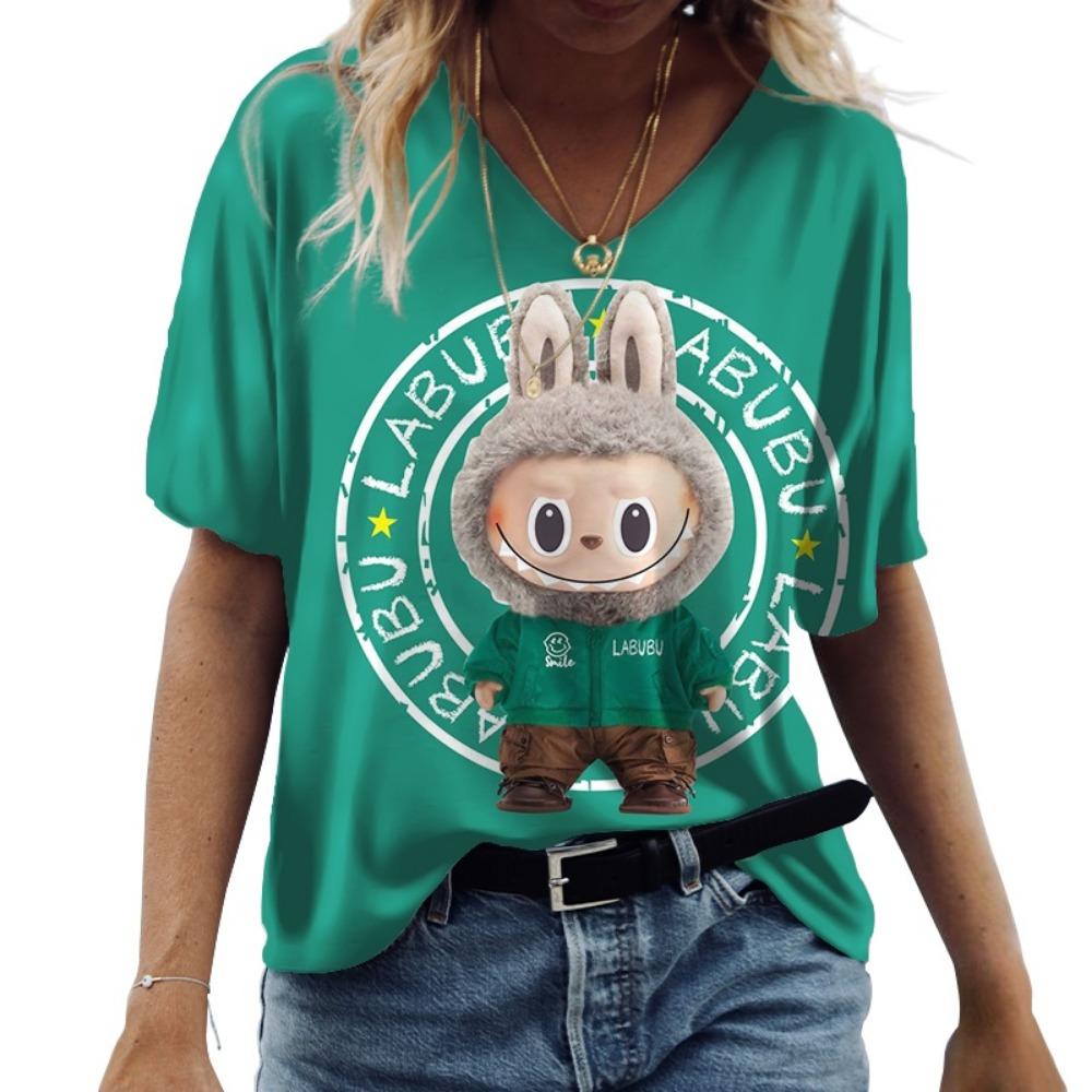 

Хлопковая футболка с коротким рукавом Labubu, Лето 2025, С рукавом до локтя, Стиль Инс, Повседневная уличная одежда на каждый день, Повседневная женская футболка с коротким рукавом L