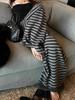 Women's Thick Wool Striped Pants - Cozy Knit Casual, Black Gray Floor-Length for Autumn/Winter.
