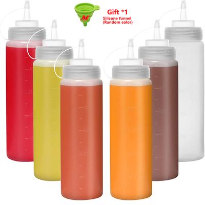 1/2/4/6 Stück Gewürz-Quetschflaschen mit Kappen, Kunststoff-Quetschspender mit Messangaben für Ketchup, BBQ, Saucen, Sirup