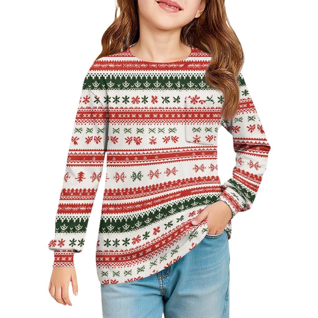 Christmas Day Girls' Long Sleeve Blouse - Round Neck Soft Waist Tunic
