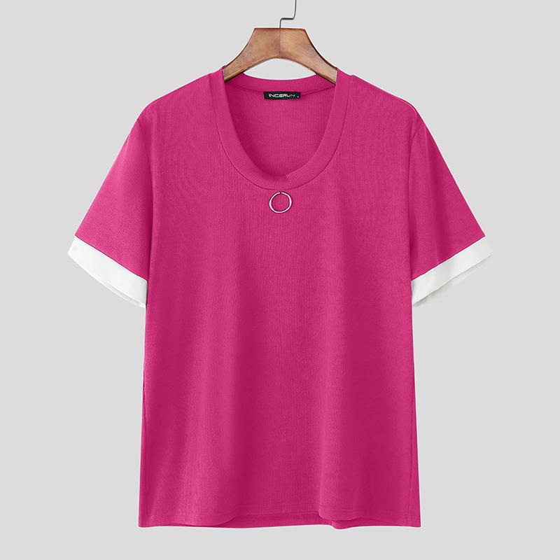 

INCERUN Мужские футболки с круглым вырезом, коротким рукавом, прострочкой, повседневные, в рубчик, топы