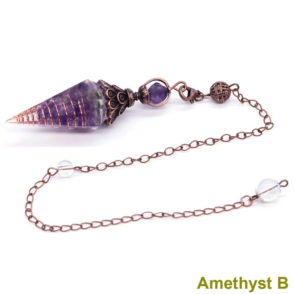Antique Silver Seven Chakra Crystal Pendulum with Semi-Precious Chips and Resin Hexagonal Cone Pendant
