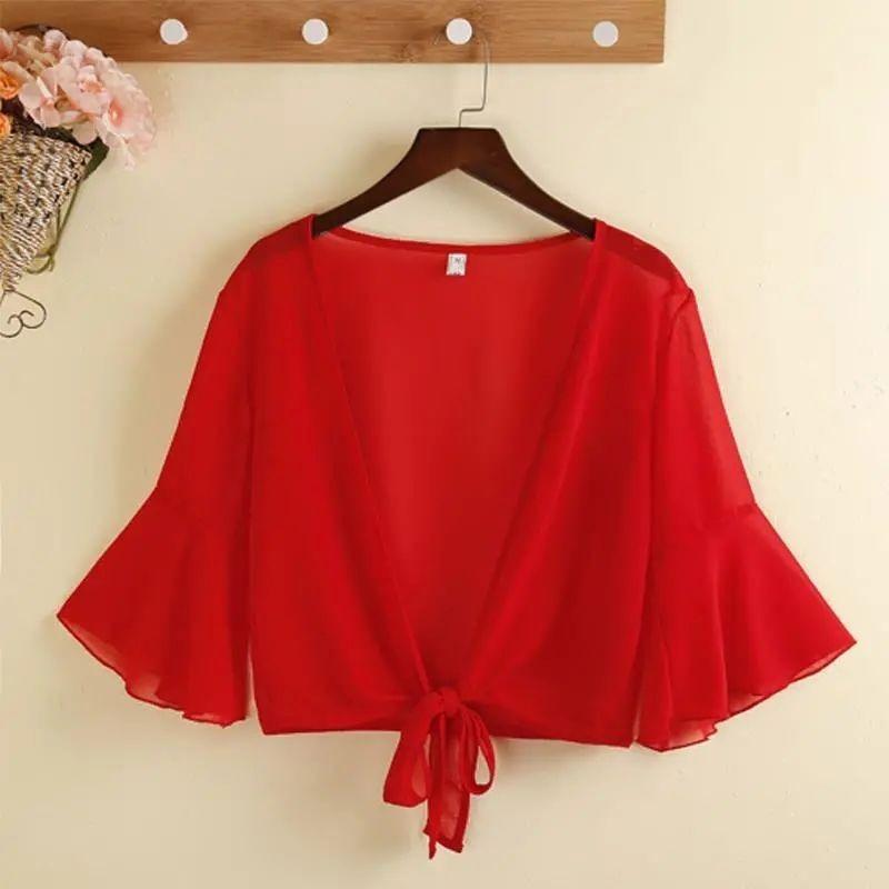 Moda Estate Piccolo Sciarpa Donna Estate Scollo a V Profondo Sottile Canotta Cardigan Camicia Top Elegante Ampio Traspirante Chiffon Abbigliamento Protezione Solare