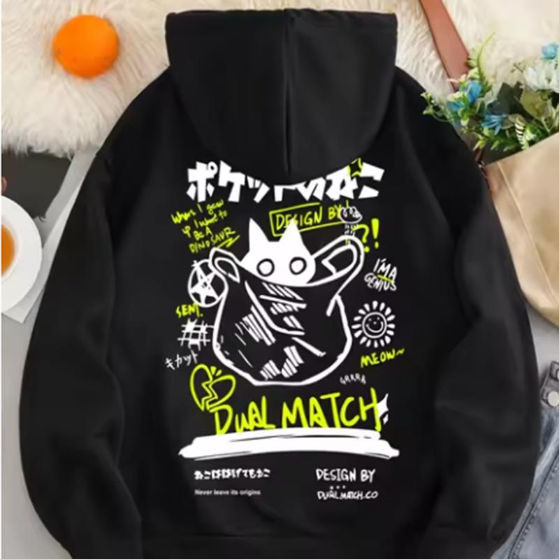Cute Cat Cartoon Printed Sweatshirt Women Harajuku Casual Loose Hooded Fashion Soft Pocket Hoodies Autumn Clothes