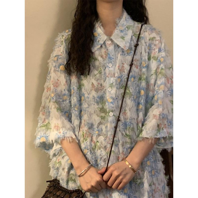 Women's Thin Tassel Short Sleeved Blouses Loose American Retro Casual Blouse Female's Summer Turn-down Collar Clothing