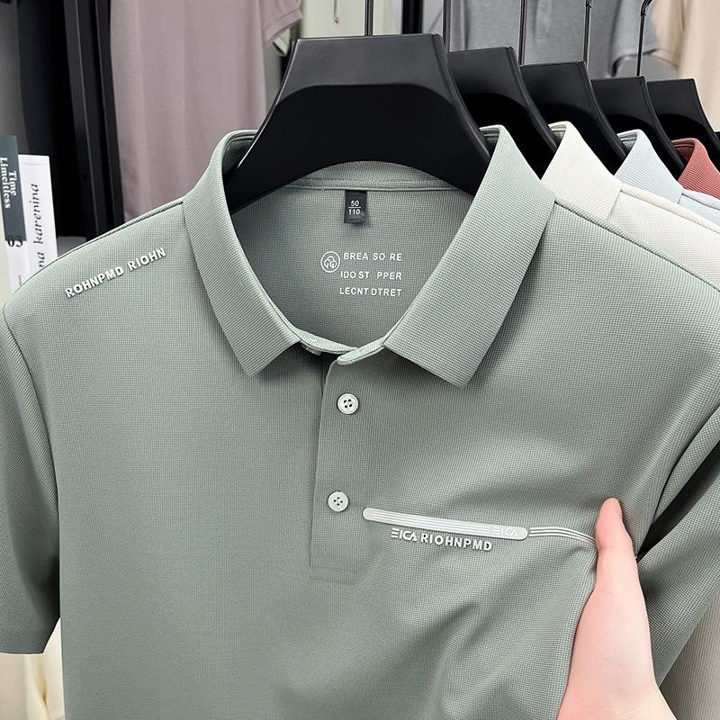 Brocade Ammonia Ice Silk Seamless Polo Shirt Men'S Short-Sleeved T-Shirt Lapel Casual Solid Color Hem Split