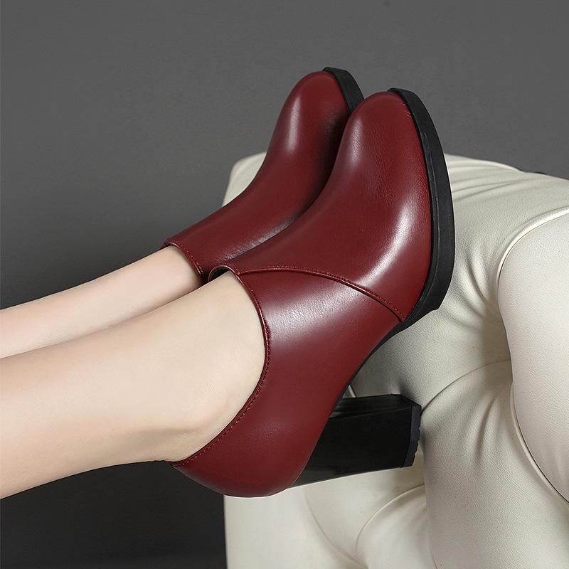 Confort 7cm Elegantes Sapatos Pretos de Salto Alto Bloco Boca Profunda Primavera 2025 Bombas de Plataforma Grossa Couro Macio para Trabalho de Modelo de Escritório