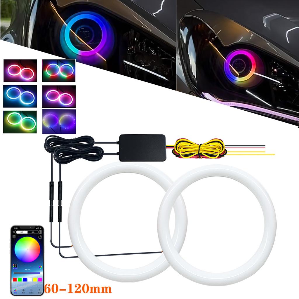 2PCS RGB Angel Eye LED Daytime Running Headlight Lights with APP Control Multi-Color Synchronized to Music for Vehicles 60MM-120