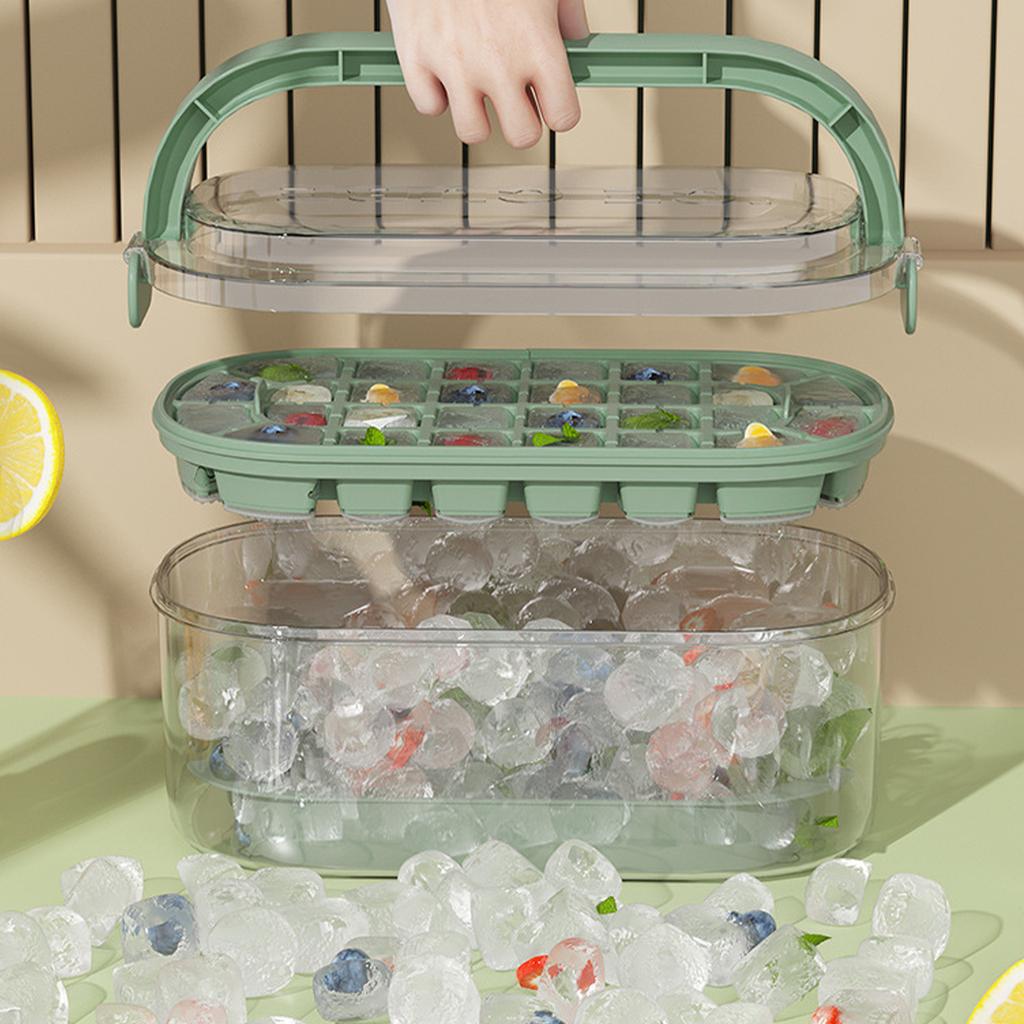 Ice Cube Tray with Lid and Bin Reusable Silicone Ice Ball Maker for Freezer 2-Layer Stackable Ice Tray Molds Release Ice Ball
