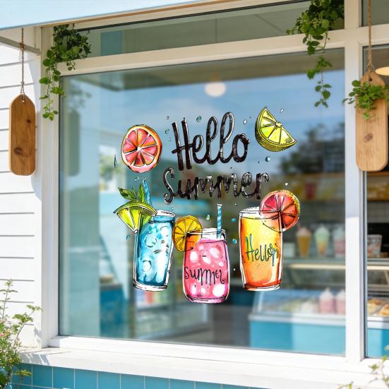 Hello Summer Window Clings Hawaiian Tropical Theme Static PVC Glass Sticker for Beach Pool Party Home Glass Doors Windows