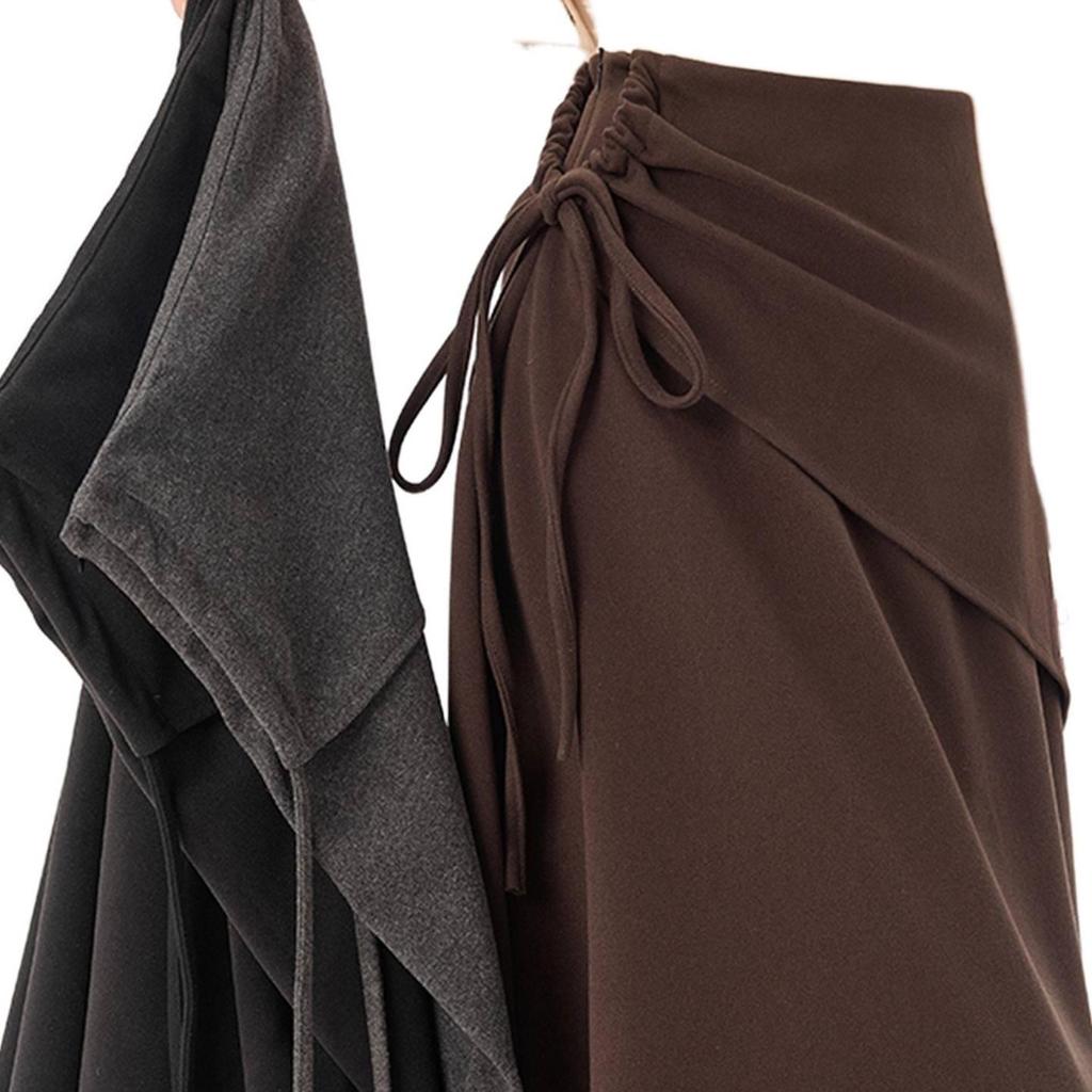 2025 New Design Women's Irregular Gray Woolen A-Line Tie-Up Long Skirt for Autumn/Winter