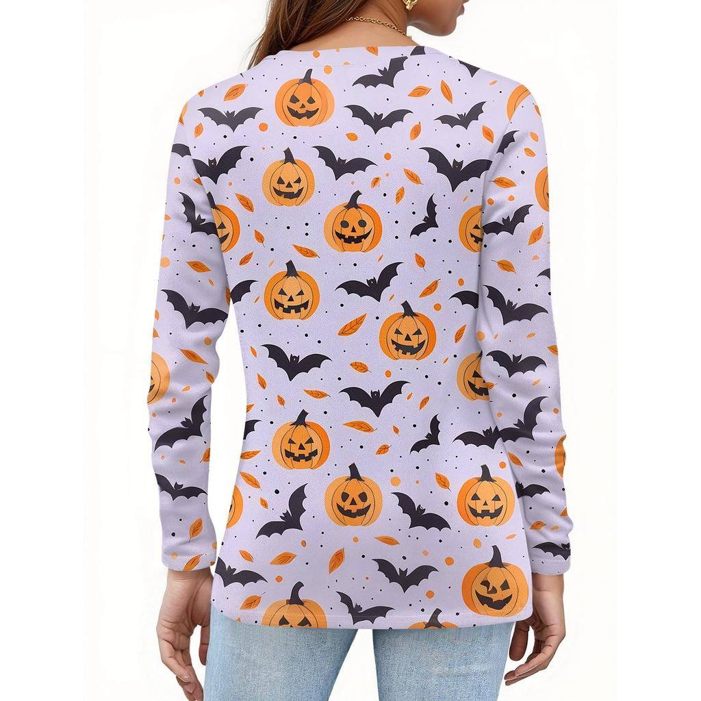Dámské tričko s potiskem Halloweenu, knoflíky, dlouhý rukáv, denní, víkendová móda, základní, výstřih do V, běžný top