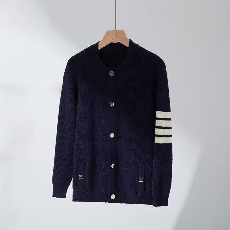 Grey Baseball Collar Knitted Sweater Jacket Men's Autumn and Winter Wear High-end Top Trendy Brand Loose Striped Cardigan Sweater