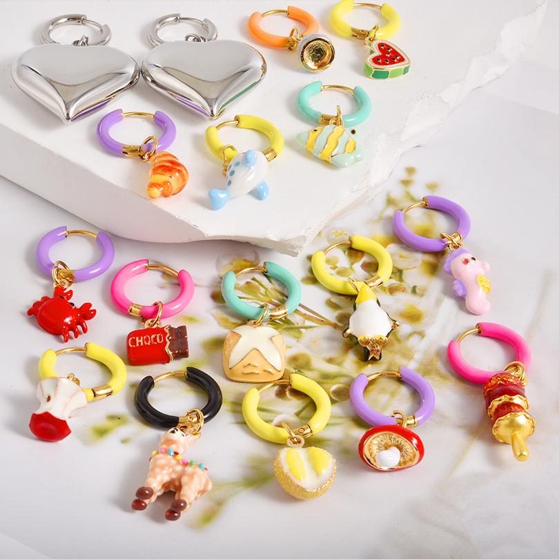 1Pair Dopamine Enamel Sweet Heart Cute Bee Flower Girl Aesthetic Aretes Funny Food Cake Gothic Star Hoop Earrings Jewelry